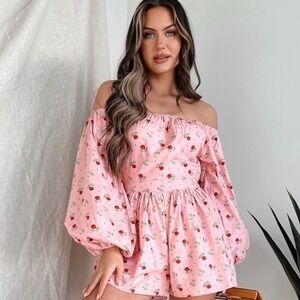 Mable Romper S Pink Floral Off Shoulder Puff Sleeve Rose Print Coquette Romantic